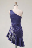 One Shoulder Floral Navy Ruched Tight Short Homecoming Dress with Ruffles