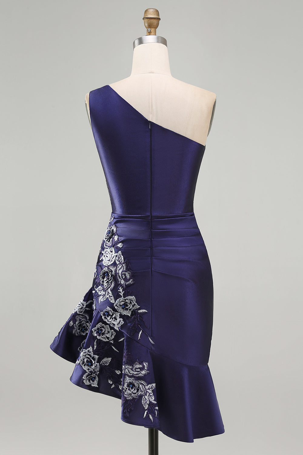 One Shoulder Floral Navy Ruched Tight Short Homecoming Dress with Ruffles