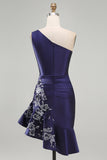 One Shoulder Floral Navy Ruched Tight Short Homecoming Dress with Ruffles
