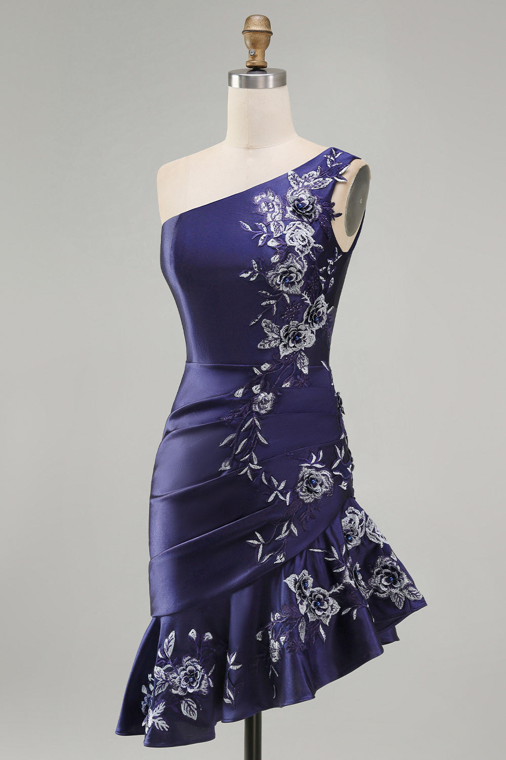 One Shoulder Floral Navy Ruched Tight Short Homecoming Dress with Ruffles