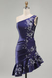 One Shoulder Floral Navy Ruched Tight Short Homecoming Dress with Ruffles