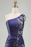 One Shoulder Floral Navy Ruched Tight Short Homecoming Dress with Ruffles