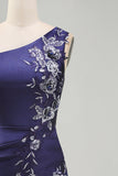 One Shoulder Floral Navy Ruched Tight Short Homecoming Dress with Ruffles