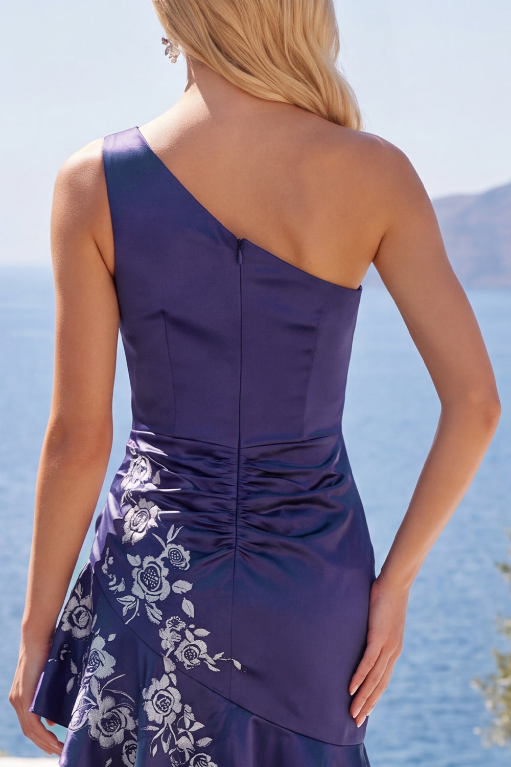 One Shoulder Floral Navy Ruched Tight Short Homecoming Dress with Ruffles