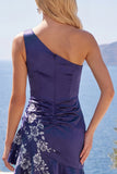 One Shoulder Floral Navy Ruched Tight Short Homecoming Dress with Ruffles