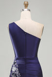 One Shoulder Floral Navy Ruched Tight Short Homecoming Dress with Ruffles