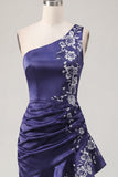 One Shoulder Floral Navy Ruched Tight Short Homecoming Dress with Ruffles