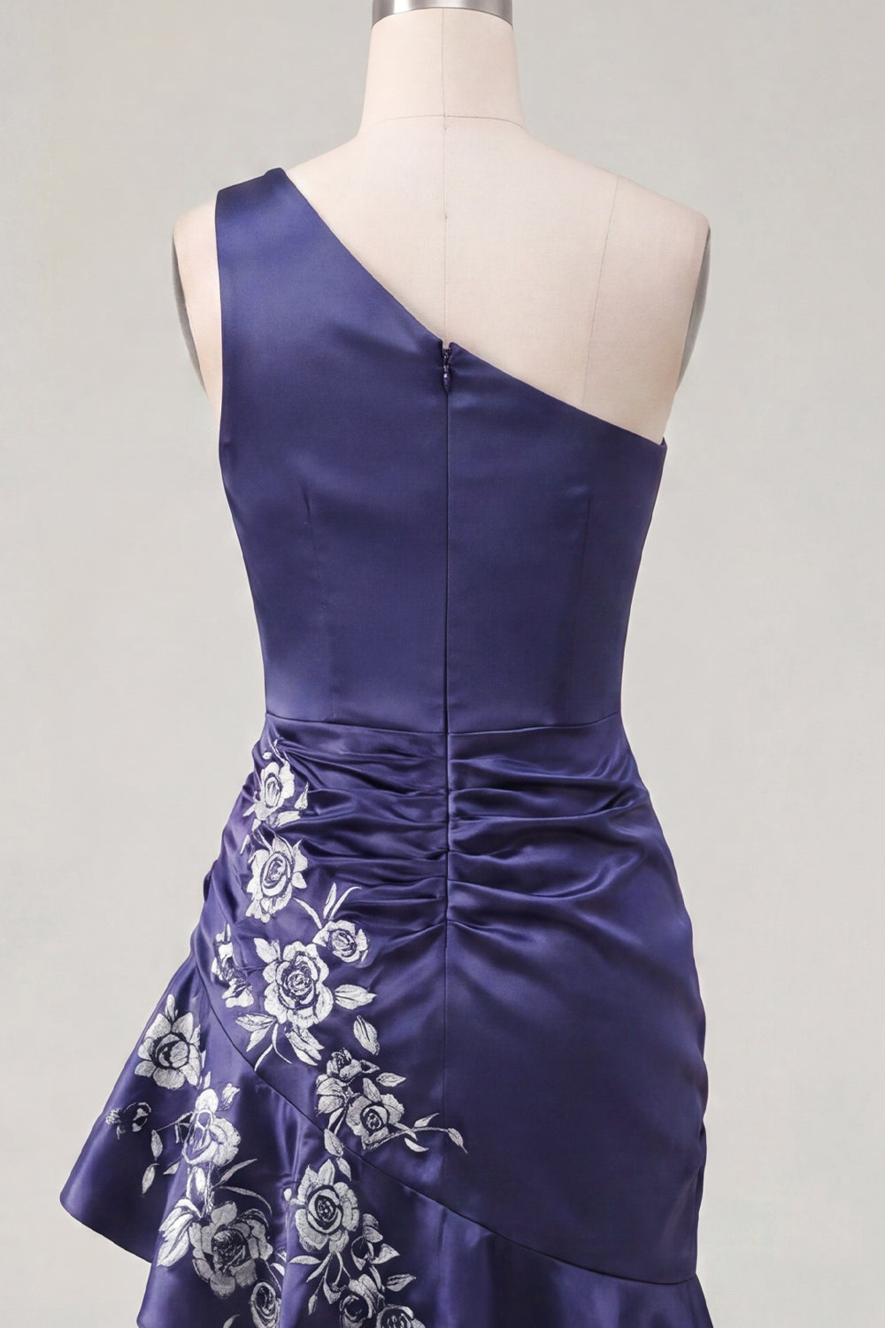 One Shoulder Floral Navy Ruched Tight Short Homecoming Dress with Ruffles