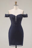 Sparkly Navy Tight Short Ruched Off the Shoulder Homecoming Dress with Beading