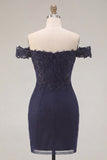 Sparkly Navy Tight Short Ruched Off the Shoulder Homecoming Dress with Beading