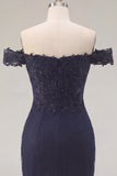 Sparkly Navy Tight Short Ruched Off the Shoulder Homecoming Dress with Beading
