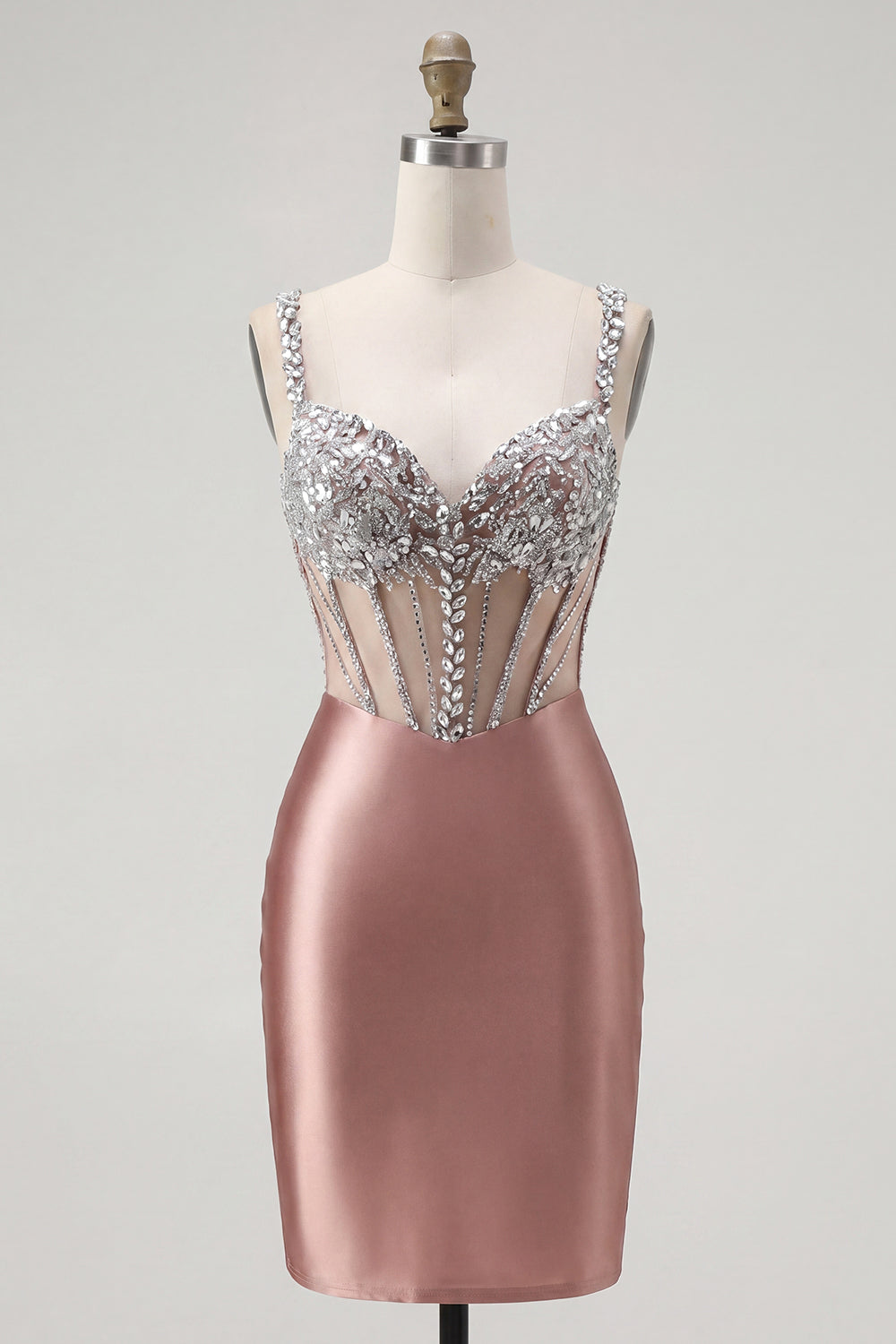Sparkly Blush Beaded Tight Short Corset Spaghetti Straps Homecoming Dress