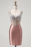 Sparkly Blush Beaded Tight Short Corset Spaghetti Straps Homecoming Dress