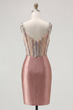 Sparkly Blush Beaded Tight Short Corset Spaghetti Straps Homecoming Dress