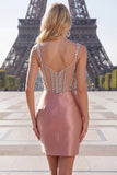 Sparkly Blush Beaded Tight Short Corset Spaghetti Straps Homecoming Dress