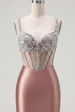 Sparkly Blush Beaded Tight Short Corset Spaghetti Straps Homecoming Dress