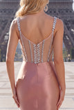 Sparkly Blush Beaded Tight Short Corset Spaghetti Straps Homecoming Dress
