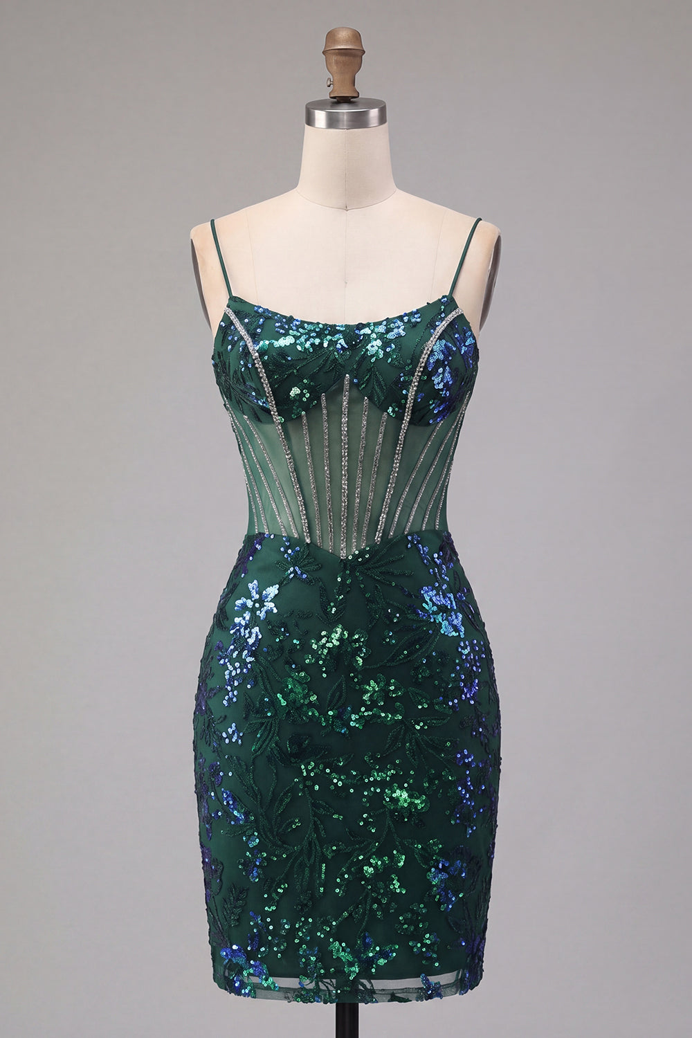 Sparkly Dark Green Corset Tight Short Floral Homecoming Dress with Beading