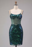 Sparkly Dark Green Corset Tight Short Floral Homecoming Dress with Beading