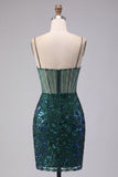 Sparkly Dark Green Corset Tight Short Floral Homecoming Dress with Beading