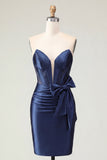 Sparkly Navy Tight Short Basque Waist Beaded Corset Homecoming Dress with Bow
