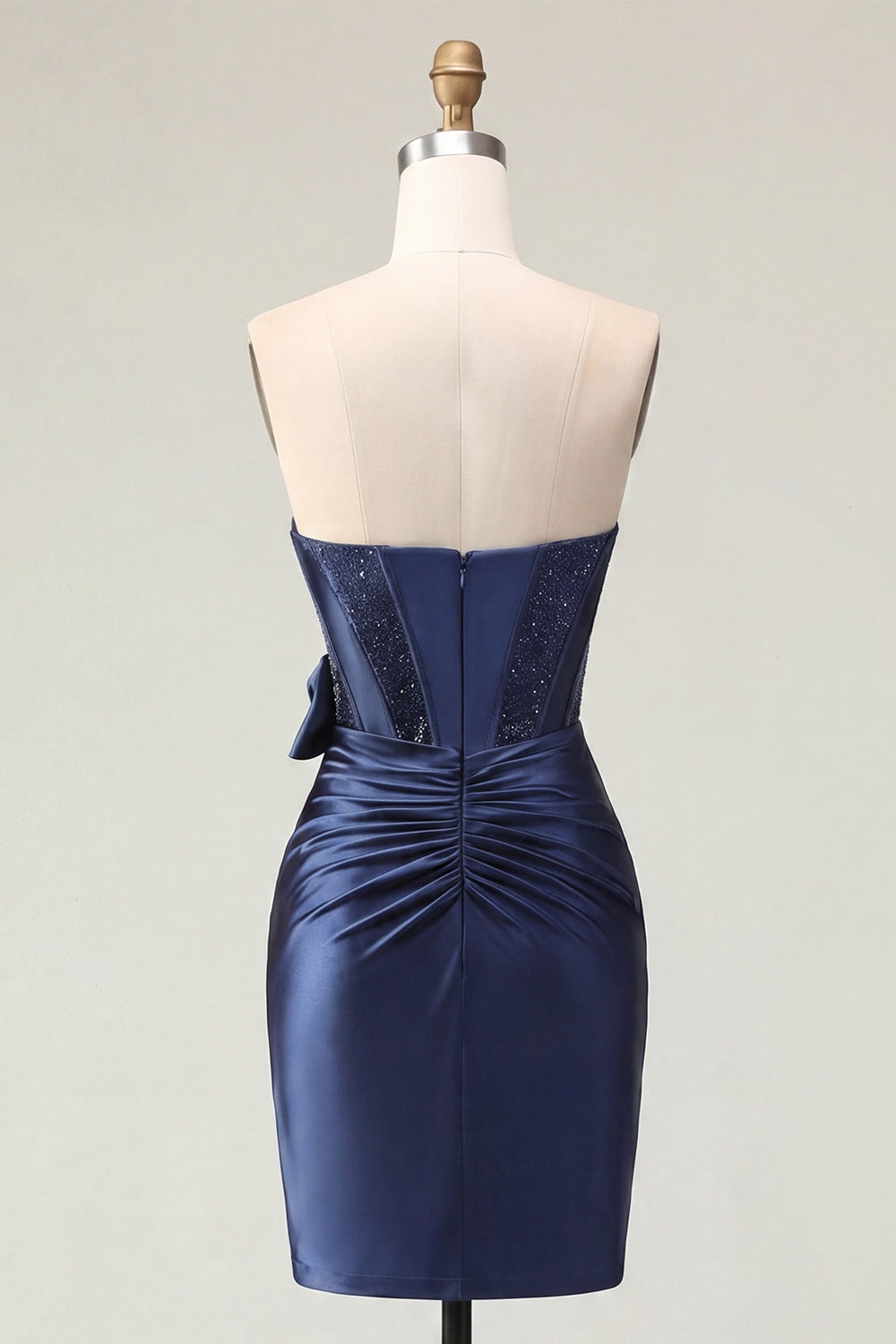 Sparkly Navy Tight Short Basque Waist Beaded Corset Homecoming Dress with Bow