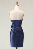 Sparkly Navy Tight Short Basque Waist Beaded Corset Homecoming Dress with Bow