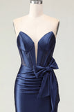 Sparkly Navy Tight Short Basque Waist Beaded Corset Homecoming Dress with Bow