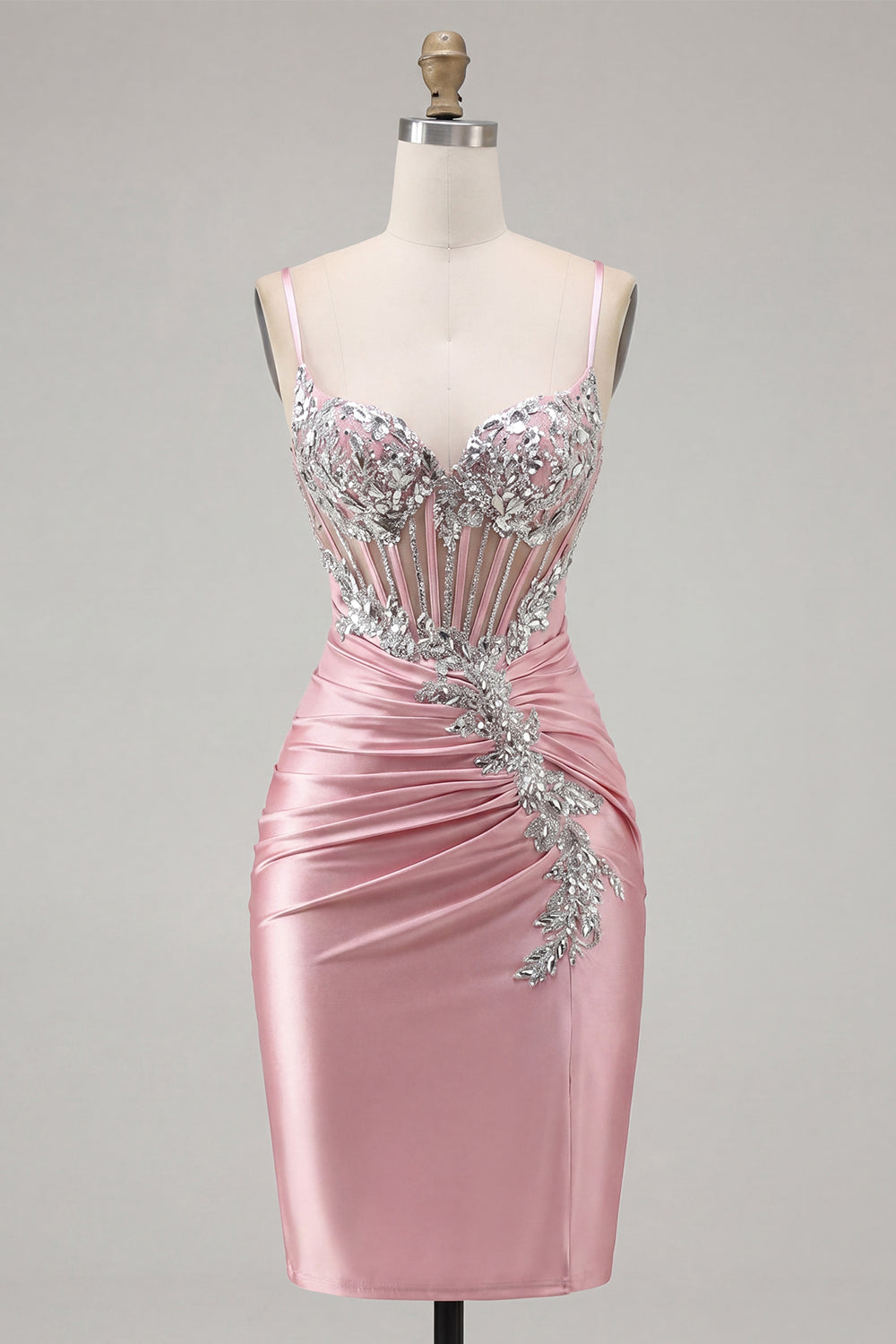 Sparkly Blush Tight Short Corset Spaghetti Straps Homecoming Dress with Beading