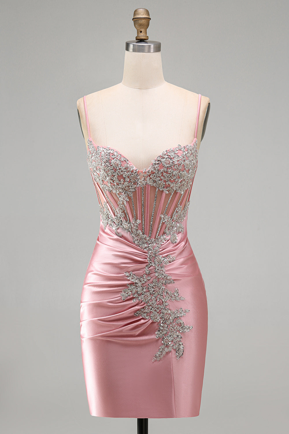 Sparkly Blush Tight Short Corset Spaghetti Straps Homecoming Dress with Beading