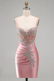 Sparkly Blush Tight Short Corset Spaghetti Straps Homecoming Dress with Beading