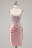 Sparkly Blush Tight Short Corset Spaghetti Straps Homecoming Dress with Beading