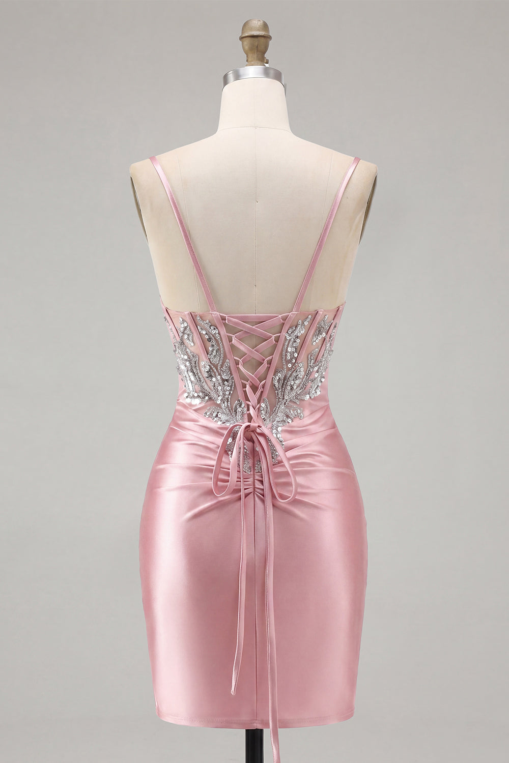 Sparkly Blush Tight Short Corset Spaghetti Straps Homecoming Dress with Beading