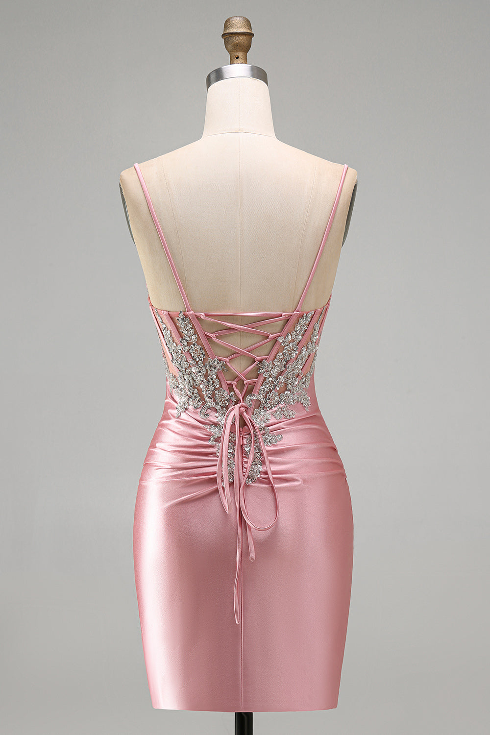Sparkly Blush Tight Short Corset Spaghetti Straps Homecoming Dress with Beading
