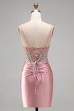 Sparkly Blush Tight Short Corset Spaghetti Straps Homecoming Dress with Beading
