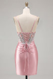 Sparkly Blush Tight Short Corset Spaghetti Straps Homecoming Dress with Beading
