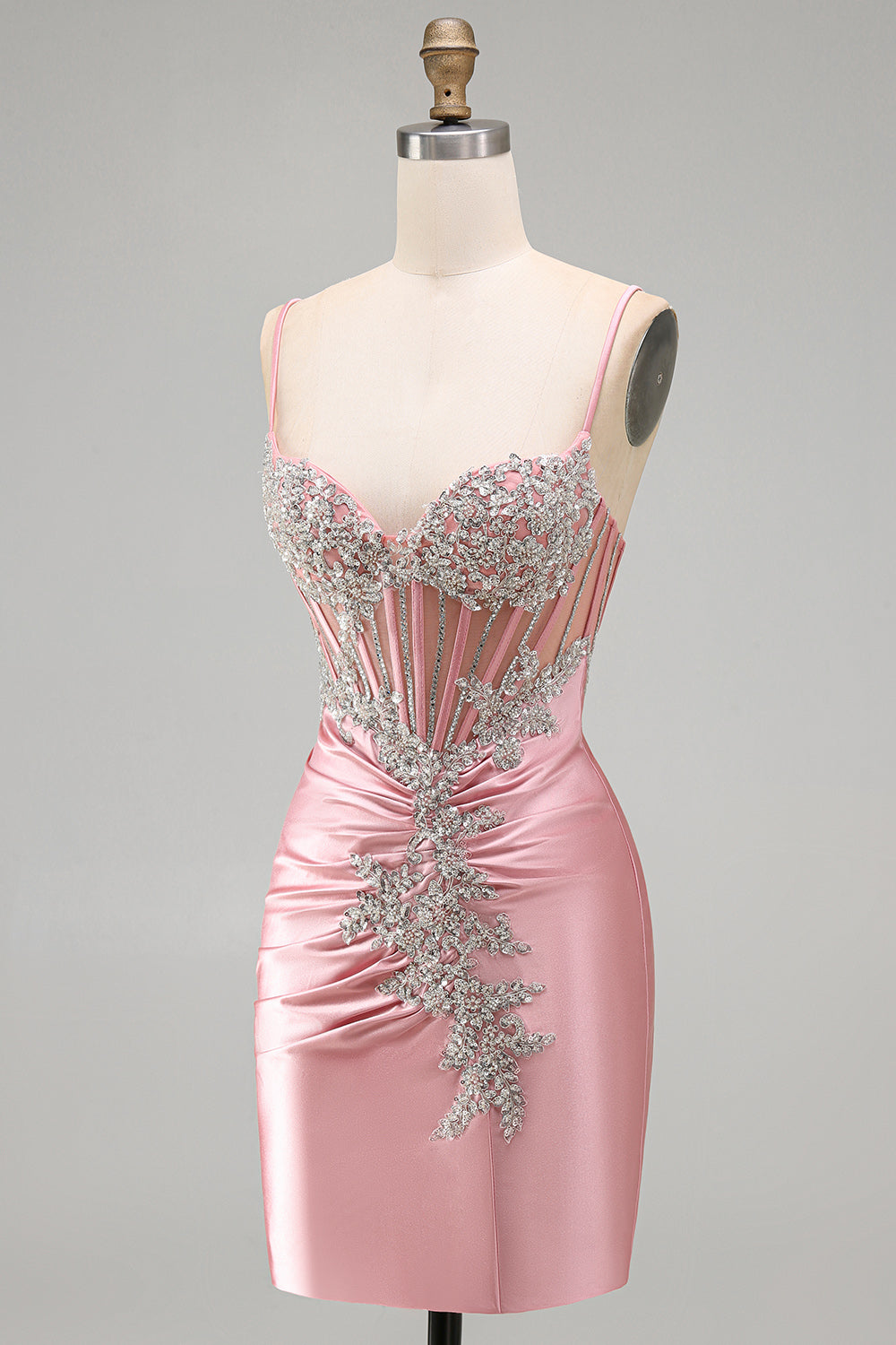 Sparkly Blush Tight Short Corset Spaghetti Straps Homecoming Dress with Beading