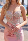 Sparkly Blush Tight Short Corset Spaghetti Straps Homecoming Dress with Beading