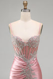 Sparkly Blush Tight Short Corset Spaghetti Straps Homecoming Dress with Beading