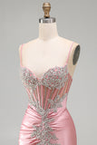 Sparkly Blush Tight Short Corset Spaghetti Straps Homecoming Dress with Beading