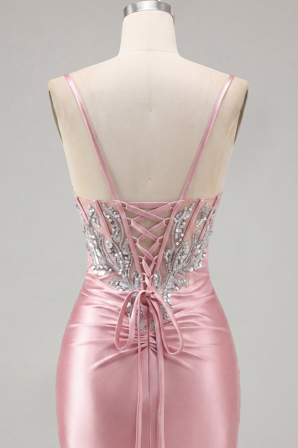 Sparkly Blush Tight Short Corset Spaghetti Straps Homecoming Dress with Beading