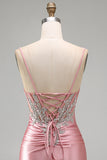 Sparkly Blush Tight Short Corset Spaghetti Straps Homecoming Dress with Beading