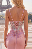 Sparkly Blush Tight Short Corset Spaghetti Straps Homecoming Dress with Beading