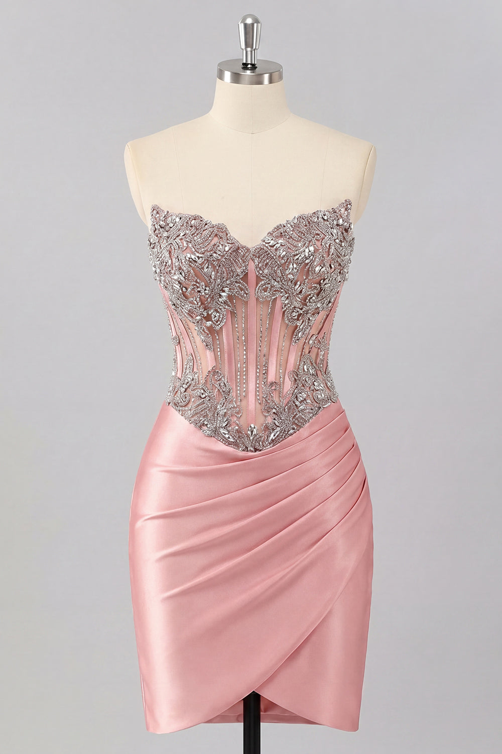 Sparkly Blush Ruched Tight Short Corset Basque Waist Beaded Homecoming Dress