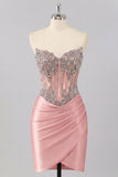 Sparkly Blush Ruched Tight Short Corset Basque Waist Beaded Homecoming Dress