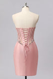 Sparkly Blush Ruched Tight Short Corset Basque Waist Beaded Homecoming Dress