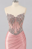 Sparkly Blush Ruched Tight Short Corset Basque Waist Beaded Homecoming Dress