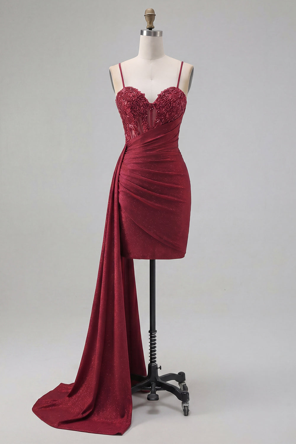 Sparkly Burgundy Tight Short Beaded Ruched Homecoming Dress with Side Cape