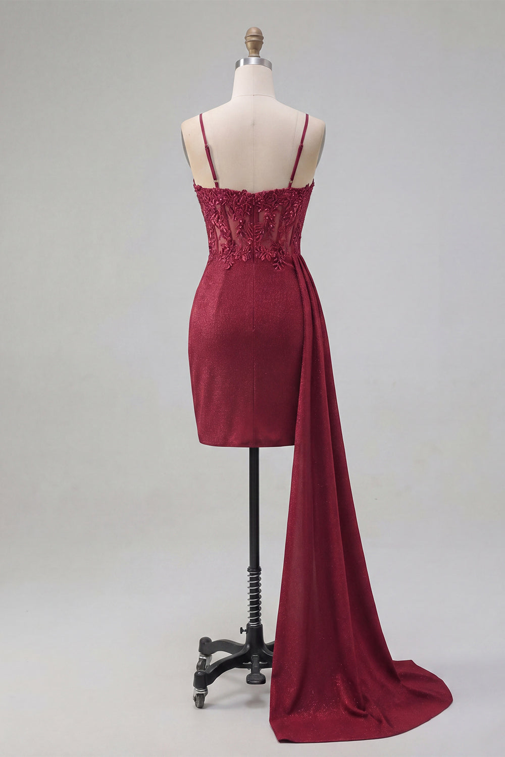 Sparkly Burgundy Tight Short Beaded Ruched Homecoming Dress with Side Cape