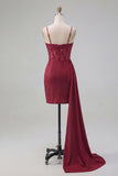 Sparkly Burgundy Tight Short Beaded Ruched Homecoming Dress with Side Cape